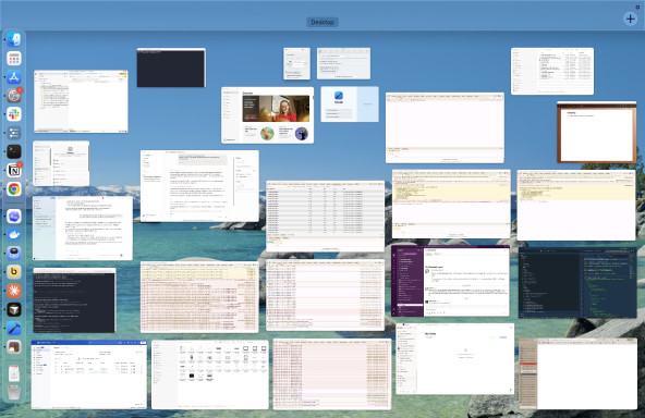macOS Mission Control, with an overwhelming number of windows visible