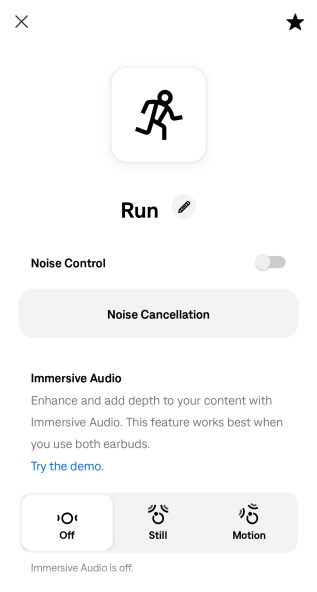 The settings screen for a mode, with noise control turned off