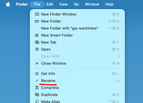 Menu in the Finder menu bar, showing the Rename item