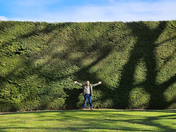 The author in front of an enormous hedge